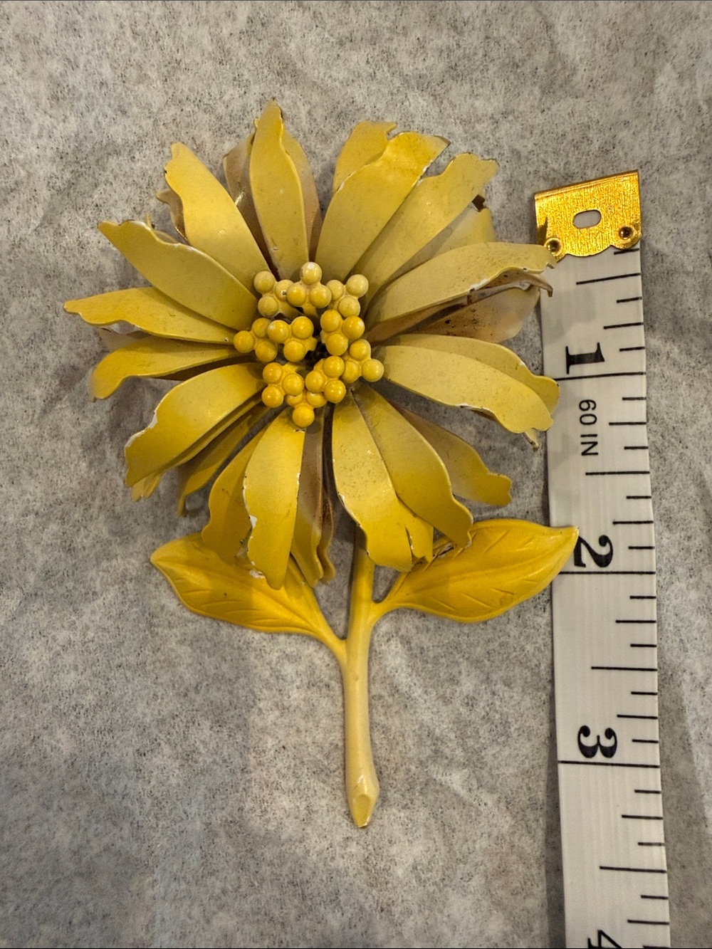 Vintage enameled Yellow Floral Metal Brooch - Statement Flower Pin